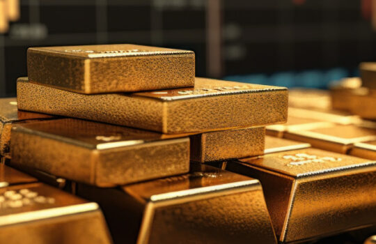 Gold bullion against stock market charts created with generative AI technology. High quality illustration
