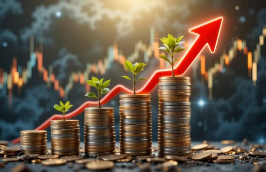 professional conceptual image representing financial growth despite economic challenges. The image should feature five stacks of coins emerging from rich, textured mud, arranged from shortest to tallest, symbolizing wealth growing from difficult beginnings. Each stack should have a small tree or plant growing from the top, with the trees progressively getting larger as the stacks increase in size. The coins should transition from bronze to silver to gold, highlighting financial progress. In the background, incorporate a creative visualization of a global financial crash or recession. Include a dramatic, dark-toned stock market chart with sharp downward trends and sudden drops, combined with a bold, increasing red arrow cutting through the chaos, symbolizing resilience and recovery in tough financial times.