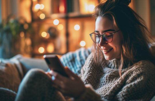 Happy young Woman looking at her Smartphone, smiling, because her Stock portfolio ist doing great