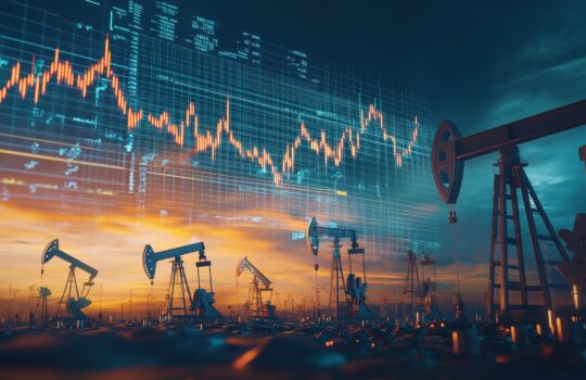 Oil and Finance Sunset - Dramatic sky with a setting sun illuminating oil rigs and a stock market chart, symbolizing the interconnectedness of the energy and financial sectors.