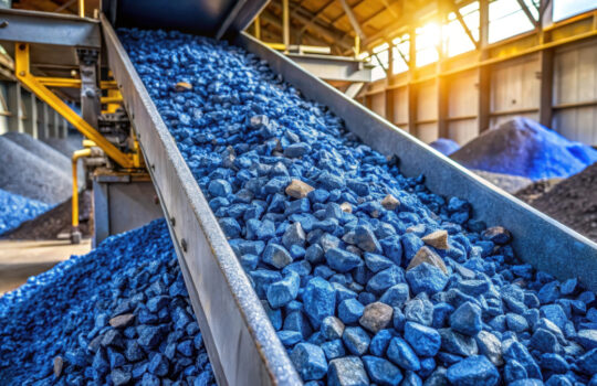 Raw cobalt ore being crushed into smaller pieces in a mining facility