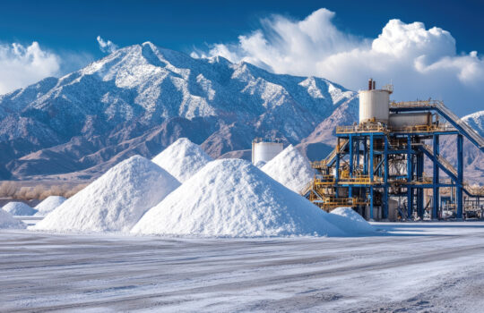 Lithium extraction plant extracting lithium from underground brine reservoirs in a salt flat with a snowy mountain range in the background