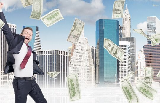 businessman in a suit jumping on clouds happily with his hand up, money falling from above, new york at the back, concept of success