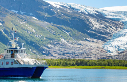 Ferry to Svartisen glacier seen from route Fv17, Norway