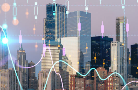Skyline of New York City Financial Downtown Skyscrapers at sunset. Manhattan, NYC, USA. View from New Jersey. Forex candlestick graph hologram. The concept of internet trading, brokerage, analysis