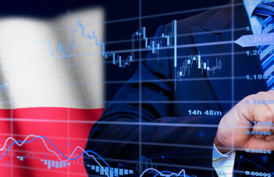 Businessman touching data analytics process system with KPI financial charts, dashboard of stock and marketing on virtual interface. With Poland flag in background.