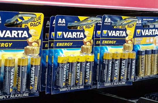 Nowy Sacz, Poland - June 16, 2017: Various types of Varta batteries on sale in Tesco hypermarket. VARTA AG is a famous German company manufacturing batteries.