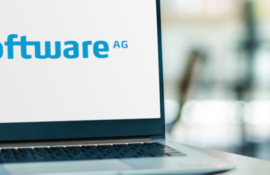 POZNAN, POL - MAR 15, 2021: Laptop computer displaying logo of Software AG, an enterprise software company headquartered in Darmstadt, Germany