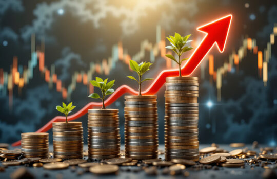 professional conceptual image representing financial growth despite economic challenges. The image should feature five stacks of coins emerging from rich, textured mud, arranged from shortest to tallest, symbolizing wealth growing from difficult beginnings. Each stack should have a small tree or plant growing from the top, with the trees progressively getting larger as the stacks increase in size. The coins should transition from bronze to silver to gold, highlighting financial progress. In the background, incorporate a creative visualization of a global financial crash or recession. Include a dramatic, dark-toned stock market chart with sharp downward trends and sudden drops, combined with a bold, increasing red arrow cutting through the chaos, symbolizing resilience and recovery in tough financial times.