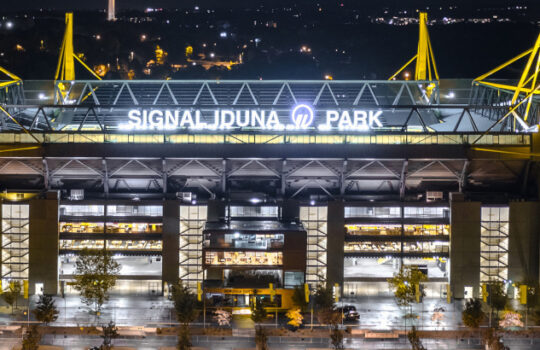 Night aerial view of Westfalenstadion (Signal Iduna Park). Dortmund