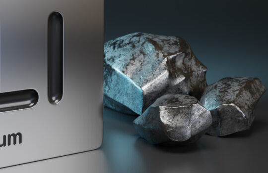 Lithium element symbol from the periodic table near metallic lithium with copy space. 3d illustration.