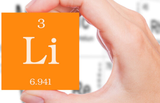 Lithium symbol handheld in front of the periodic table