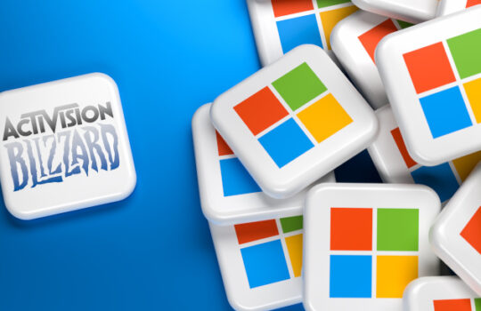 "Microsoft" acquires the much smaller video game developer "Activision Blizzard". Concept shot of a lot of Microsoft logos on a heap approaching a single logo of Activision Blizzard.