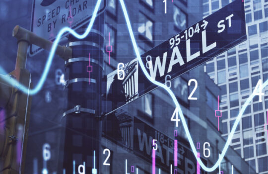 Forex chart on cityscape with tall buildings background multi exposure. Financial research concept.
