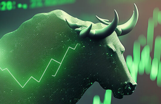 Stock market bull market trading Up trend of graph green background rising price Generative AI