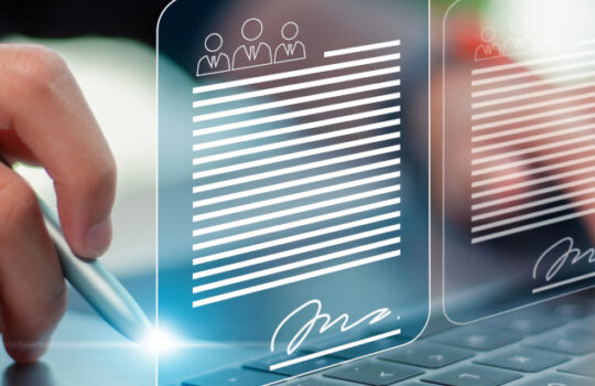 Signing business contract concept. Online business contract Electronic signature, e-signing, digital document management, paperless office, on a futuristic virtual interface screen.