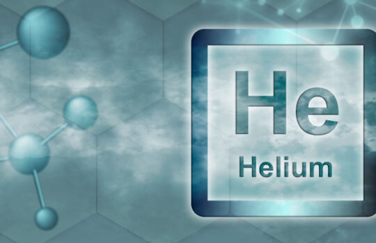 He symbol. Helium chemical element with molecule and network on grey background