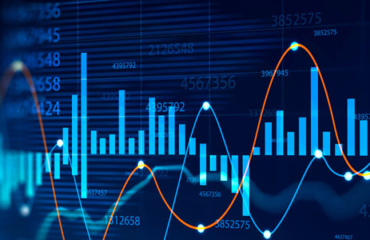 Futuristic HUD digital graph interface over blurry dark blue background. Concept of stock market and trading. 3d rendering double exposure