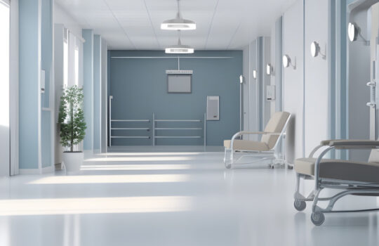Blurred interior of hospital - abstract medical background. Generative AI