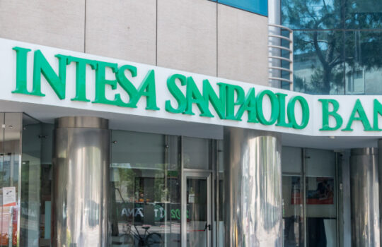 Tirana, Albania - June 4, 2022: Intesa Sanpaolo Bank office in Albania.