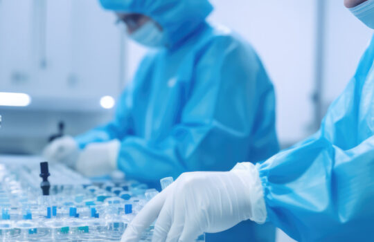 AbbVie Forscher in blauen Anzügen bei der Biotech-Arbeit
