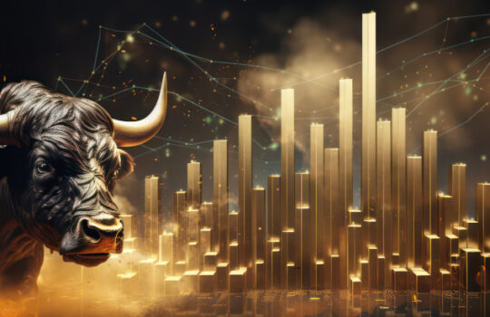 Trading Bull market chart award in gold and black color with copyspace area as wide banner - Generative AI