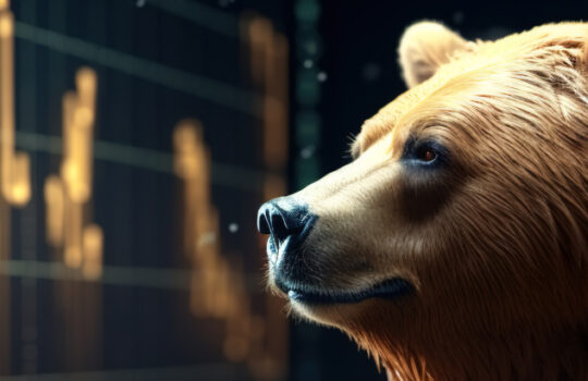 Animal bear analyzes stock exchange chart, investment and trading. Bear financial market illustration concept.