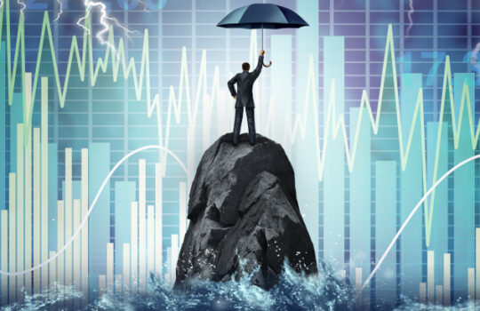Market turbulence and financial crisis security concept as a volatile stock market with price volatility as a businessman holding an umbrella as a business symbol for wealth management with 3D illustration elements.