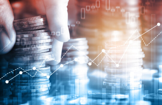 Finance and money technology background concept of business prosperity and asset management . Creative graphic show economy and financial growth by investment in valuable asset to gain wealth profit .