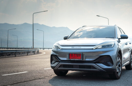 Thailand - March 2023 : BYD Atto 3, the new famous modern design EV car which in Thailand, is parking on the asphalt road.