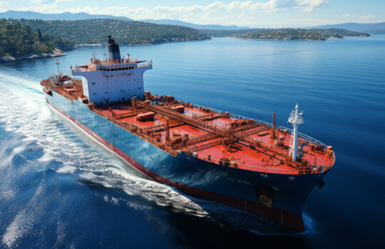 Rohstoff Anleger Club RAC Aerial drone ultra wide photo of small oil - chemical tanker cruising, Generative AI
