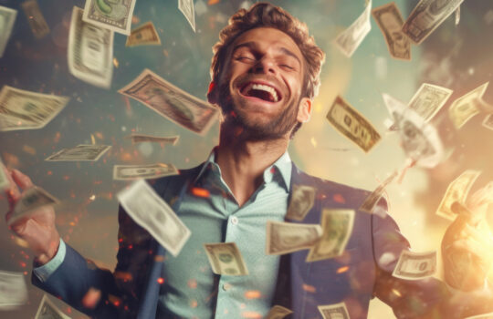 Happy successful man standing under money rain. A lot of dollar banknotes falling on smiling man. Success and wealth concept. Created with Generative AI