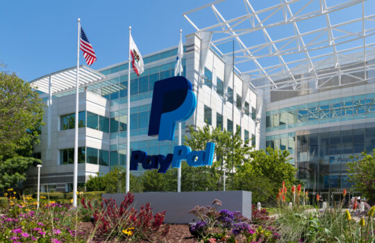 San Jose, California, USA - April 26, 2018: Exterior view of Paypal 's headquarters in Silicon Valley. PayPal Holdings, Inc. is an American company operating a worldwide online payments system.