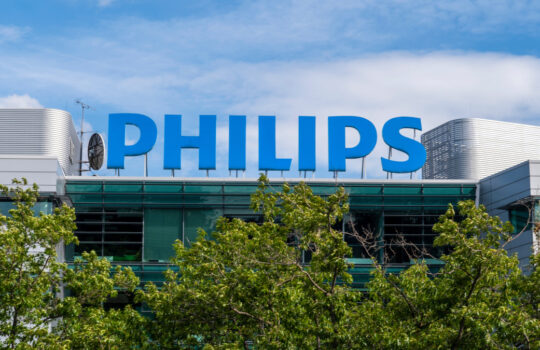 View at Philips company logo on the office facade