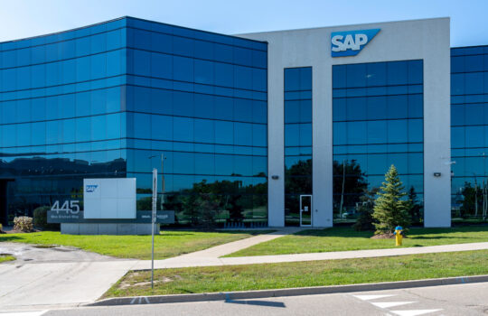 Waterloo, Ontario, Canada - September 30, 2019: SAP on waterloo office building. SAP is a German software firm, one of the largest enterprise software companies in the world.