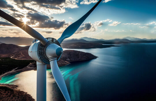 Windkraft Windrad Clean, Renewable Energy in the Aegean Sea: Experience the Power of Our State-of-the-Art Wind Turbines with a Stunning Backdrop of Nature. Copy space, Generative AI