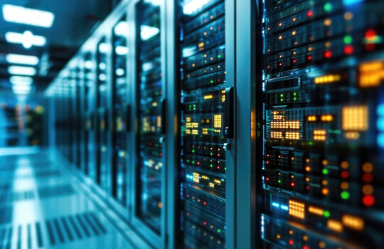 Modern Rack LED console in server room data center. Generative AI.