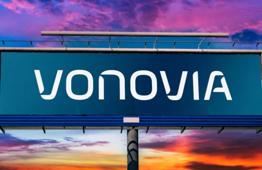 POZNAN, POL - MAY 1, 2022: Advertisement billboard displaying logo of Vonovia, a German real estate company based in Bochum, North Rhine-Westphalia, Germany