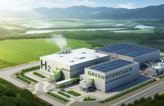 Plug Power Ballard Power Nel ASA ITM Power Aktie Modern hydrogen plant, rooftop solar panels merge green power, symbolizing sustainable innovation.