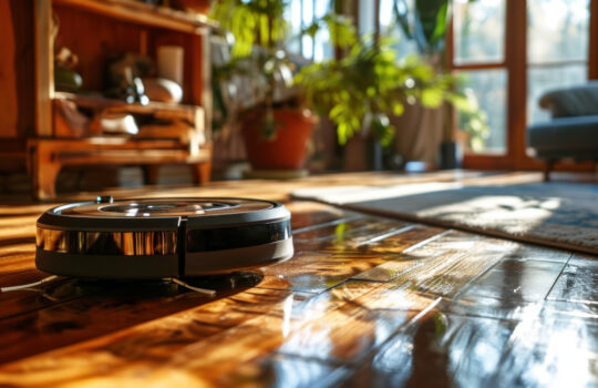Photo of a spotless, shiny floor with a modern robot vacuum in the corner, reflecting the room's brightness, a symbol of effortless cleaning
