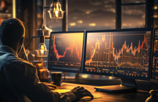 Finance trade manager analyzing stock market indicators for best investment strategy, financial data and charts