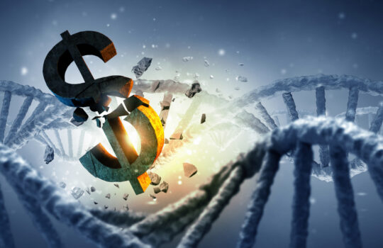 Conceptual background image with broken dollar sign and DNA molecule