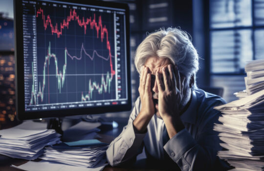 stressed man surrounded by piles of documents in front of computer screen showing crashing red stock market graph