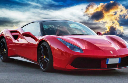 Luxury model sports car Ferrari 488 GTB placed on a scenic background. The Ferrari 488 is an Italian sports car produced since 2015, powered by a 3.9 litre twin turbocharged V8.