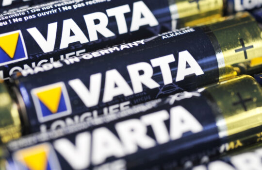 Hamburg, Germany - January 25, 2020: VARTA consumer batteries - Varta is a German company manufacturing batteries for global automotive, industrial, and consumer markets