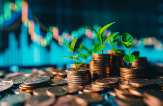 Plants growing on a pile of coins on the table. stock chart background, financial growth and financial freedom concept