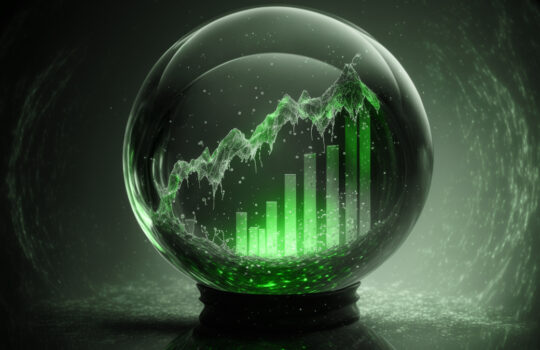 Green stock market chart in a crystal ball, illustration, mystery dark background, light reflections and effects, created with generative AI technology