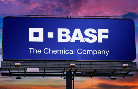 POZNAN, POL - JAN 11, 2023: Advertisement billboard displaying logo of BASF, a chemical company and the largest chemical producer in the world, headquartered in Ludwigshafen, Germany.
