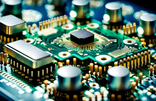 Illustration a close up of a machine working on a microcircuit microprocessor chip,quantum processor, scientific industrial production, complex science process. AI-generated