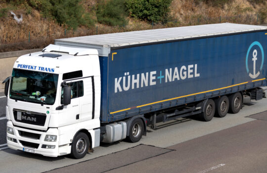 FRANKFURT AM MAIN, GERMANY - September 22, 2018: Kuehne + Nagel truck on motorway. Kuehne + Nagel International AG is a global transport and logistics company based in Schindellegi, Switzerland.